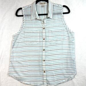 Toad & Co M Blue Striped Sleeveless Top Buttons Summer Beach Preppy Cozy Coastal